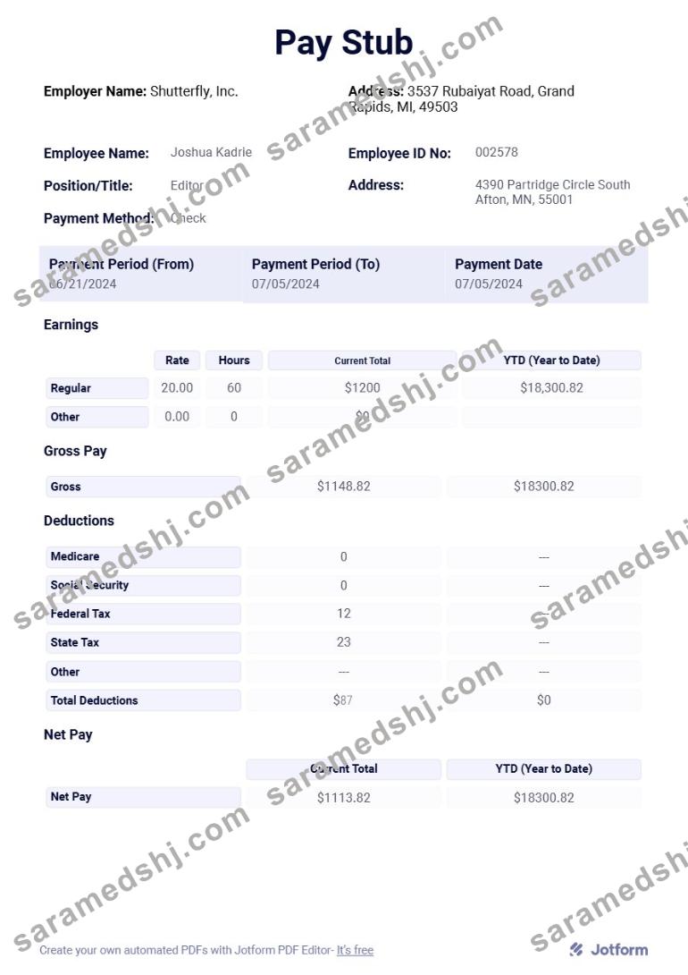 Shutterfly, Inc. pay stub template in Word and PDF formats.pdf, 1